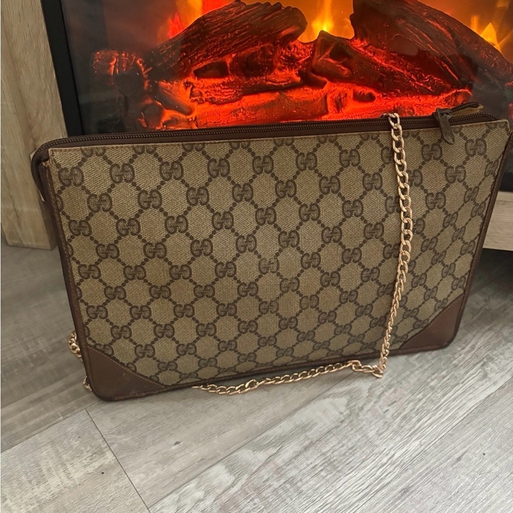 AUTH Crossbody Gucci Brown Leather Interior with Multicolor Trim Tote-Vintage - Picture 5 of 13
